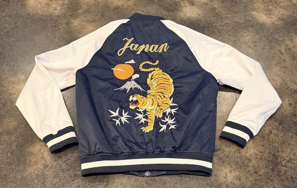 H&M Divided Navy White Japan Embroidered Tiger Sukajan Bomber Jacket Size M